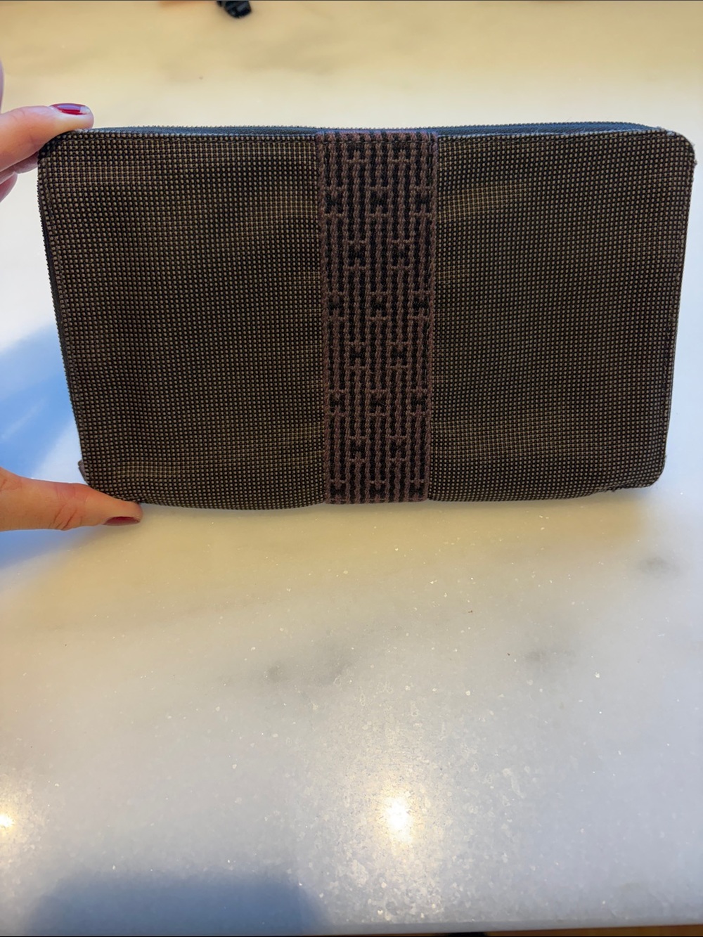 Hermes Dark Brown Woven Zip-Around Wallet with Signature Center Panel